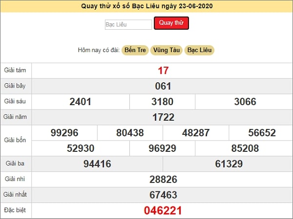 Quay thử KQXS Bạc Liêu ngày 23/6/2020